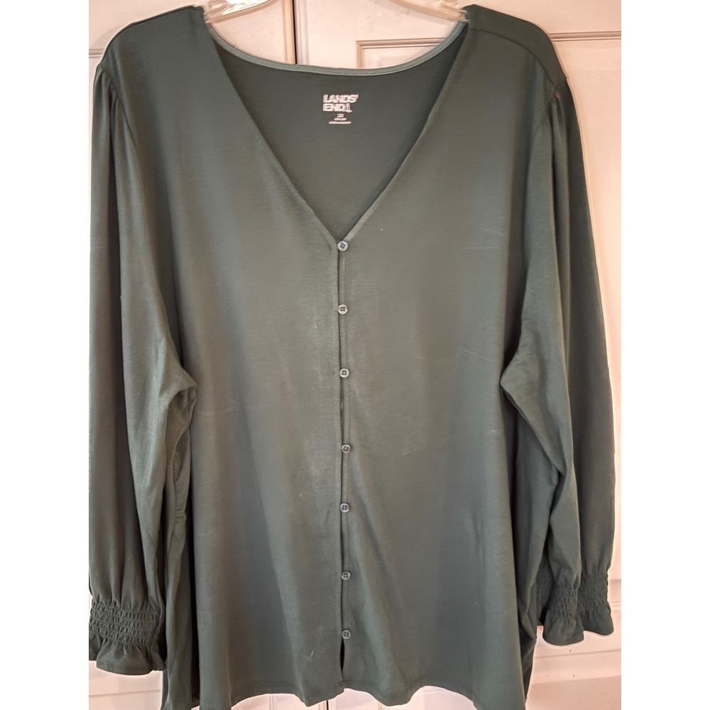 Lands End Womens 2X Forest Green Button Front V-Neck Smocked Cuff Top 20W-22W